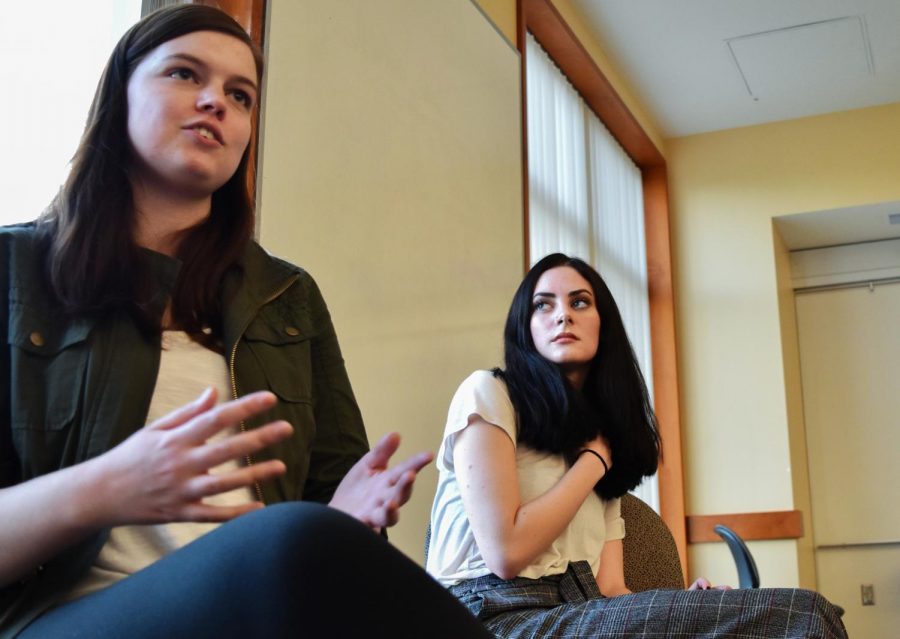 Jordan Smith, left, and Caitlin Boss, right, executive members of the Political Science Club, Sept. 27. The Political Science Club is a space for all students to share their perspectives, Smith said. 