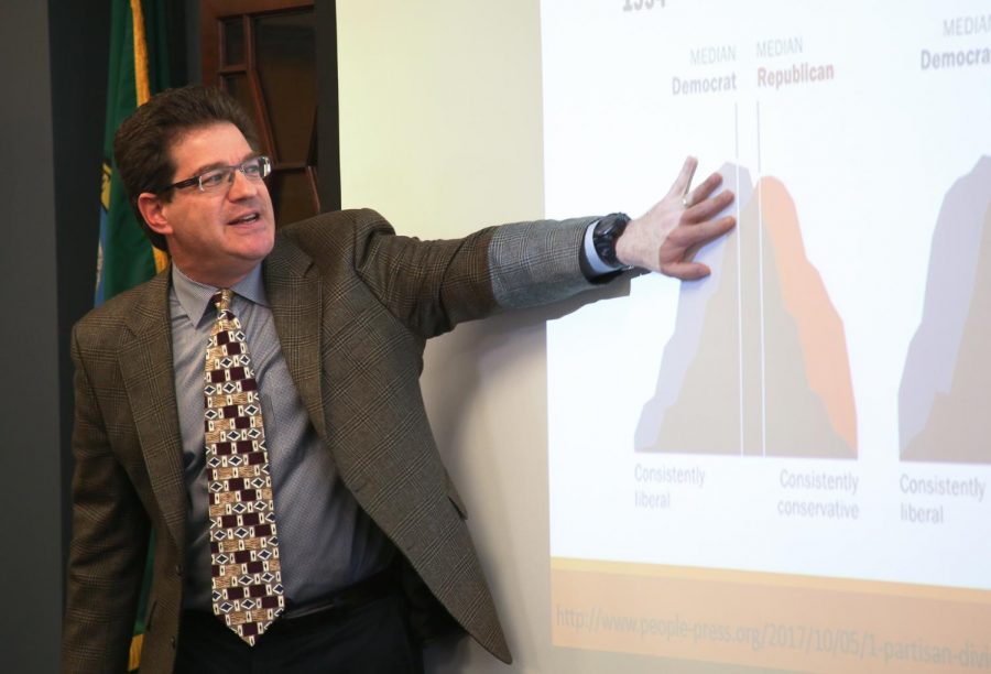 Kenneth Schultz, professor of political science at Stanford University, explained the declining bipartisanship over the topic on the use of military tactics and other various issues Tuesday in Bryan Hall.