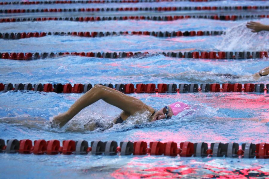 Junior freestlye swimmer Ryan Falk races in the women’s 1,000-yard freestyle and finishes in second place Sunday at Gibb Pool.
