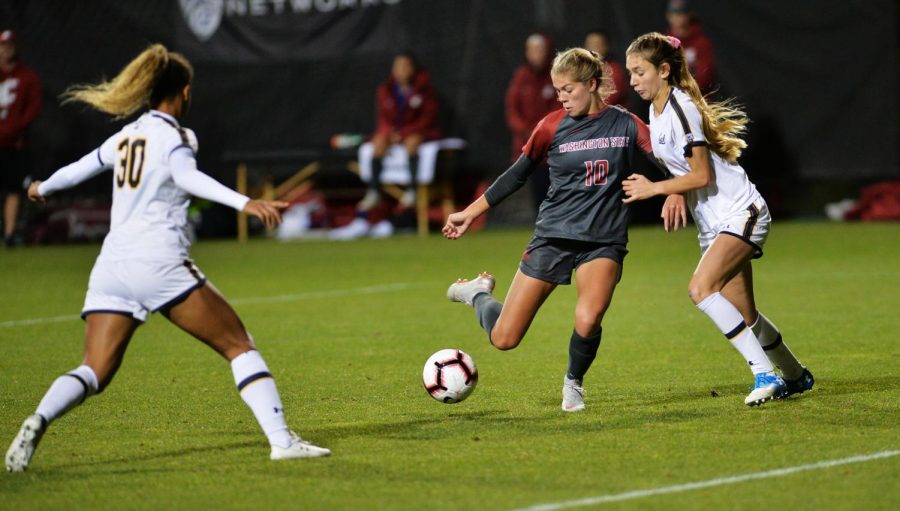 Sophomore forward Brianna Alger scores the final goal of the game solidifying the Cougars lead and securing their victory with a final score of 4-2  in the game against California on Thursday at the Lower Soccer Field.