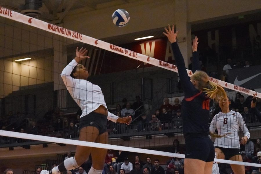 Senior outside hitter Taylor Mims goes for a spike against Arizona on Friday night in Bohler Gym.