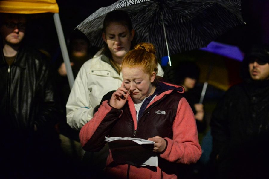 Victoria Waltz, a friend of Lauren McCluskey, cries as she mourns the loss of the Pullman High School graduate and reflects on the happy memories Waltz shared with her on Nov. 1 during a vigil.