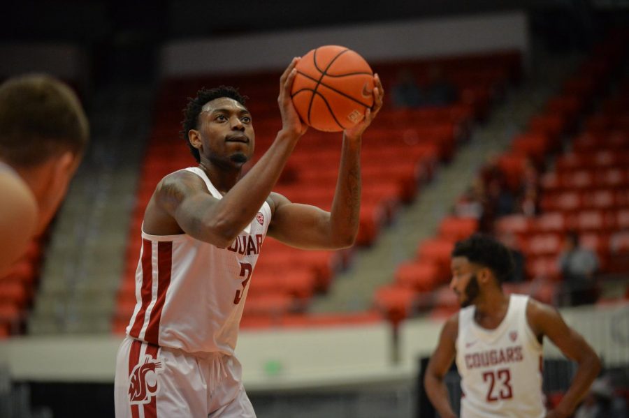 WSU senior forward Robert Franks Jr. shoots a free throw during the Cougars’ 84-70 win over Cal Poly on Nov. 19 in Beasley Coliseum. Franks scored 30 points in the game.