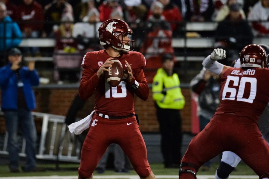 Quarterback Gardner Minshew II looks for an open receiver and ends up running the ball for a first down against California on Saturday night at Martin Stadium. 