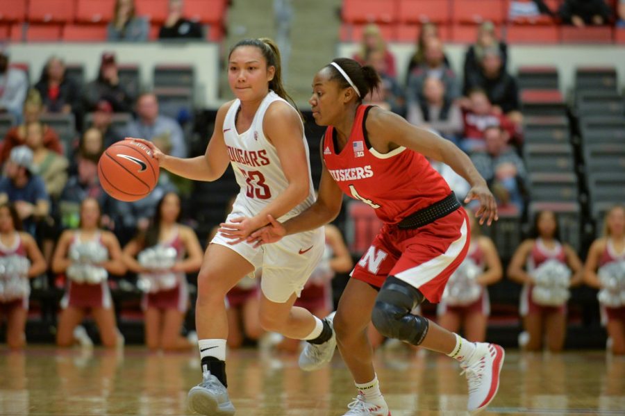 Freshman+guard+Cherilyn+Molina%2C+left%2C+dribbles+the+ball+toward+the+basket+in+the+game+against+Nebraska+on+Nov.+16+in+Beasley+Coliseum.+The+Dons+have+two+back-to-back+losses+and+a+2-3+record.