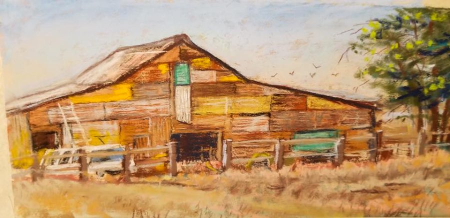 Emily Adams’ “Patchwork Barn” is one of 33 entries for the Inspired Palouse juried exhibit. Adams made it with pastel on sanded paper and says it was initially a sketch for a larger painting. 