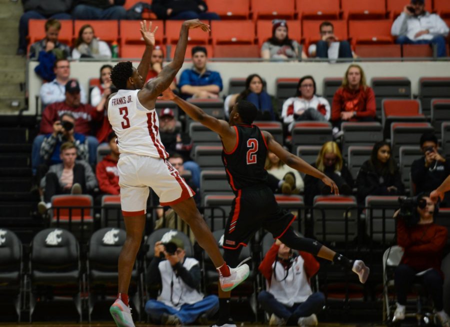 Senior forward Robert Franks Jr. shoots a three-pointer in the second half of WSU men’s basketball’s 103-94 win over CSUN at Beasley Coliseum on Tuesday night. Franks scored 22 points and grabbed seven rebounds in the game.