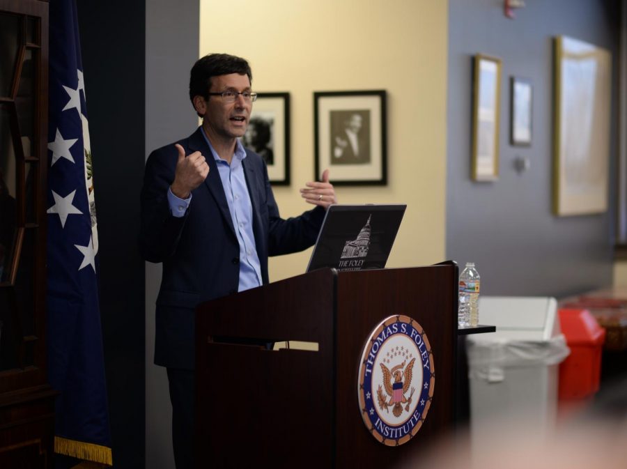 Washington Attorney General Bob Ferguson details the multiple lawsuits he has been part of against the Trump administration Thursday during a Thomas S. Foley talk in Bryan Hall.