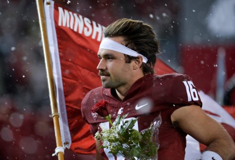 Quarterback Gardner Minshew II runs onto the field as part of senior night before the Apple Cup on Nov. 23 at Martin Stadium. Minshew will play his last game as a Cougar in the Valero Alamo Bowl on Dec. 28 in San Antonio, Texas.