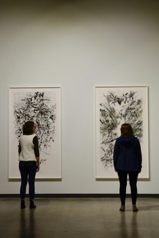 Hanna OFlanagan, right, and Emma Ledbetter, left, observing some of the works from the new Michael Schultheis: Venn Pirouettes exhibit displayed in the Jordan Schnitzer Museum of Art at WSU (January 15th - June 29th) on Tuesday in the Jordan Schnitzer Museum of Art.