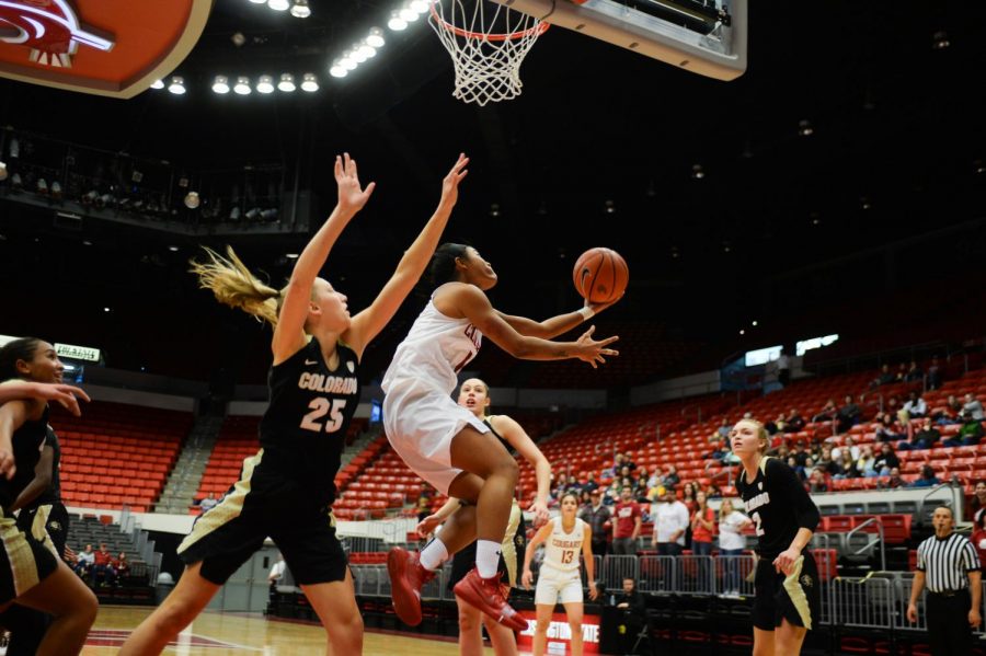 Junior guard Chanelle Molina goes up for a layup during the game against Colorado last Sunday at Beasley Coliseum.