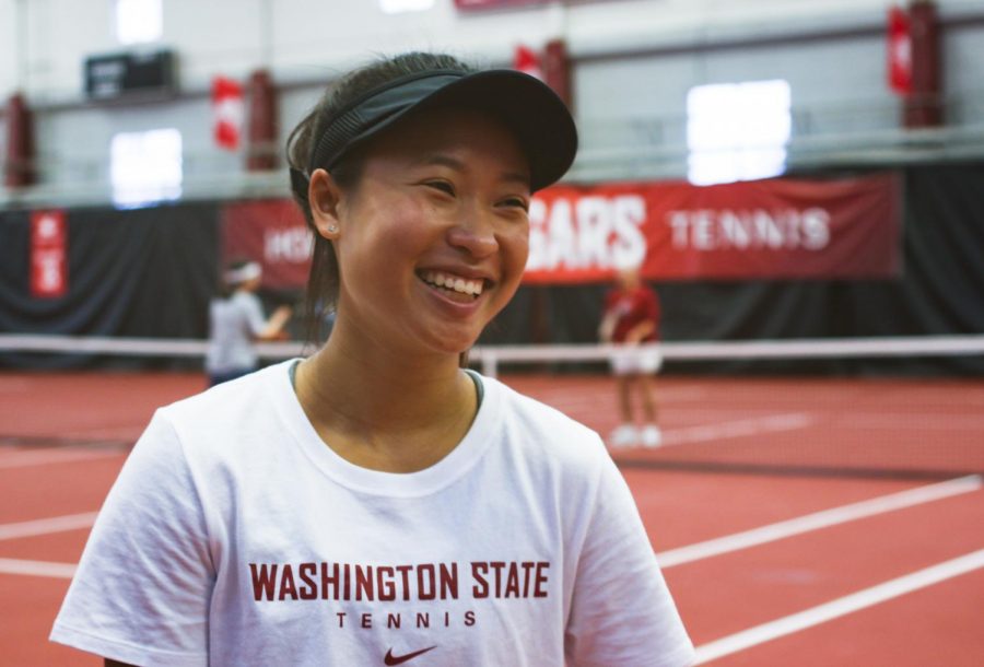 Freshman+neuroscience+major+Savanna+Ly-Nguyen+speaks+about+why+she+enjoys+playing+tennis+Wednesday+in+Hollingbery+Fieldhouse.+