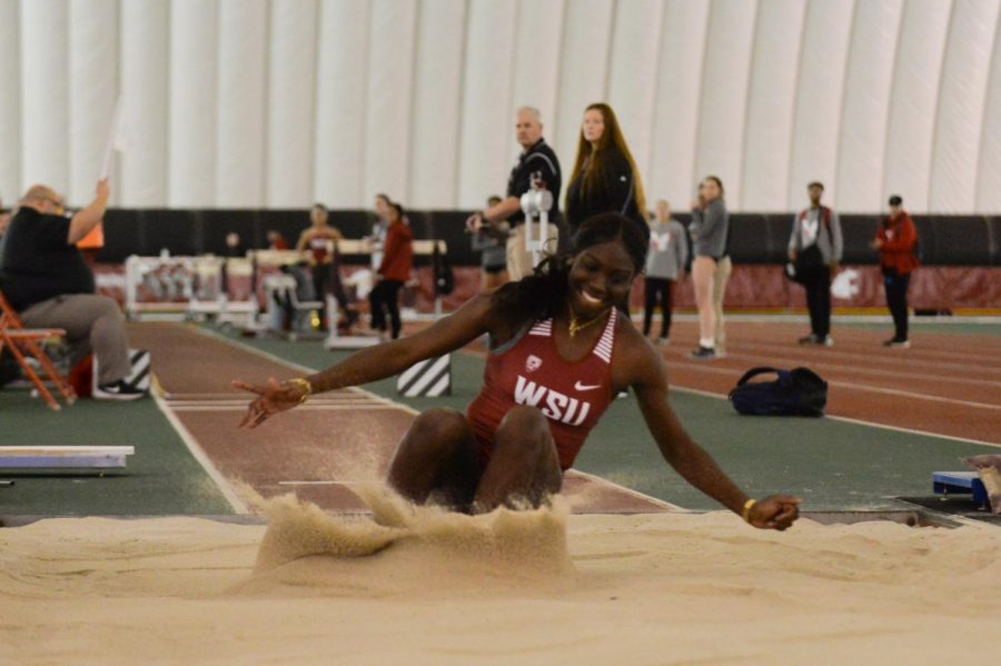 Freshman triple jump Charisma Taylor completes a successful jump at the WSU Open Indoor Open on Friday at the Indoor Practice Facility.