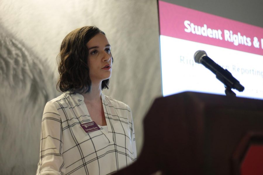 Candace Quinn, ASWSU director of academic affairs, goes over standards and resources available to students Wednesday afternoon in the CUB.