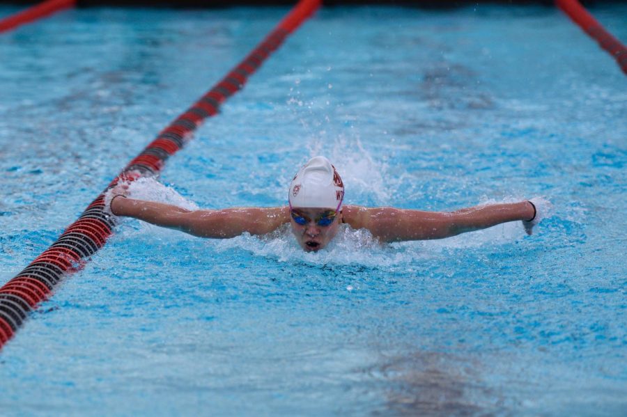 Junior butterfly swimmer Luci Brock races in the 200-yard butterfly against the University of Wyoming on Friday at Gibb Pool. The two meets in Arizona will be the team’s only meets for the month of January.