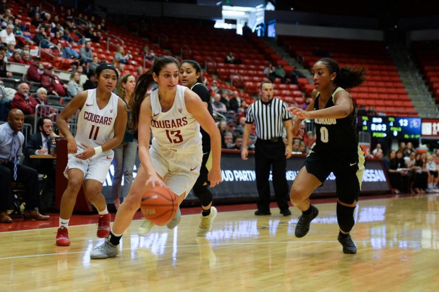 Freshman forward Shir Levy drives past junior guard Quinessa Caylao-Do for a layup in the game against Colorado on Sunday at Beasley Coliseum. Levy finished with six points as the Cougars defeated the Buffaloes 74-48.