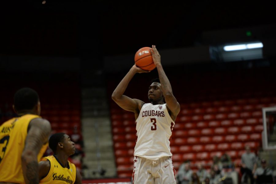 Senior forward Robert Franks shoots a three-pointer during the game against Cal on Thursday at Beasley Coliseum.