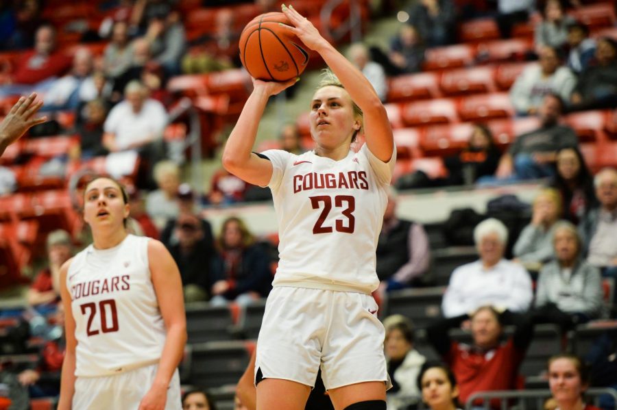 Senior guard Alexys Swedlund misses a shot during the game against Oregon State on Sunday at Beasley Coliseum.