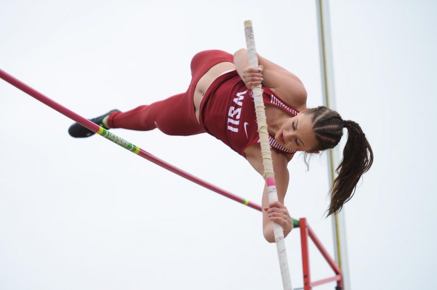 Then-junior Katelyn Frost competes in the pole vault during a dual track meet against University of Washington on April 28 at Mooberry Track.