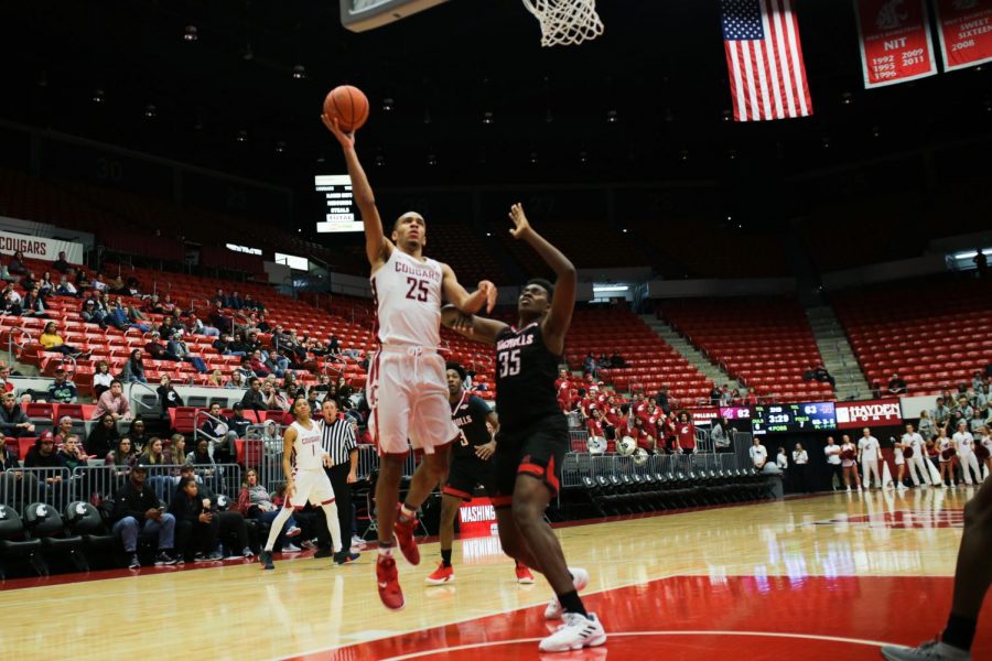 Then-redshirt freshman forward Arinze Chidom attempts a one handed layup in the home game win against Nicholls State Colonels on Sunday Nov. 11. WSU will return to Beasley Coliseum to face Cal on Thursday.