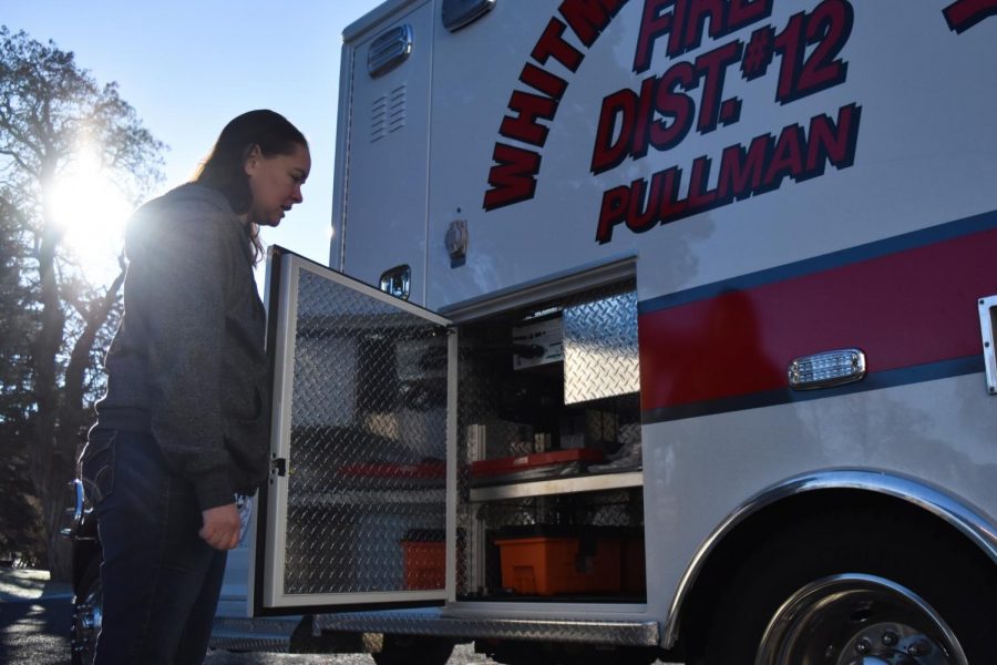 Mirenda Stenbakken, Emergency Medical Service Chief for Fire District 12, shows the new ambulance’s storage area Sunday morning at the Whitman County Fire District 12, Section 1. The ambulance also includes an electric gurney.