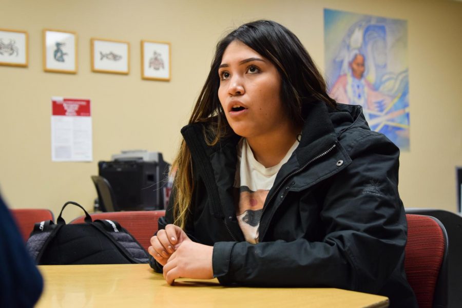 Kyra Antone, resident of the Native American Women’s Association and member of the Coeur d’Alene and Tohono O’odham tribes, discusses the disproportionate murder, abuse and kidnapping Native communities experience Thursday in the Native Center in Cleveland Hall.