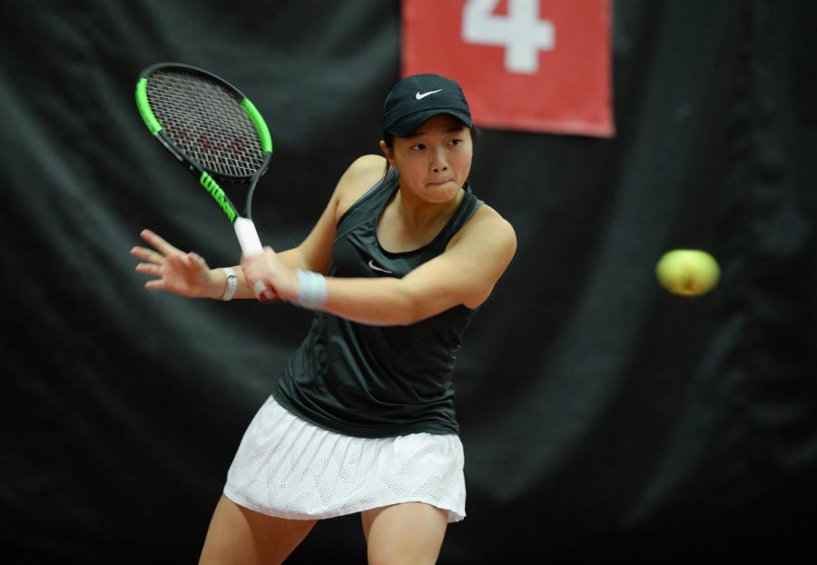 BEN SCHUH | DAILY EVERGREEN FILE
WSU Freshman Yang Lee returns a ball during singles play against Seattle U Feb. 22 in Hollingbery Fieldhouse. Lee won her match in straight sets.