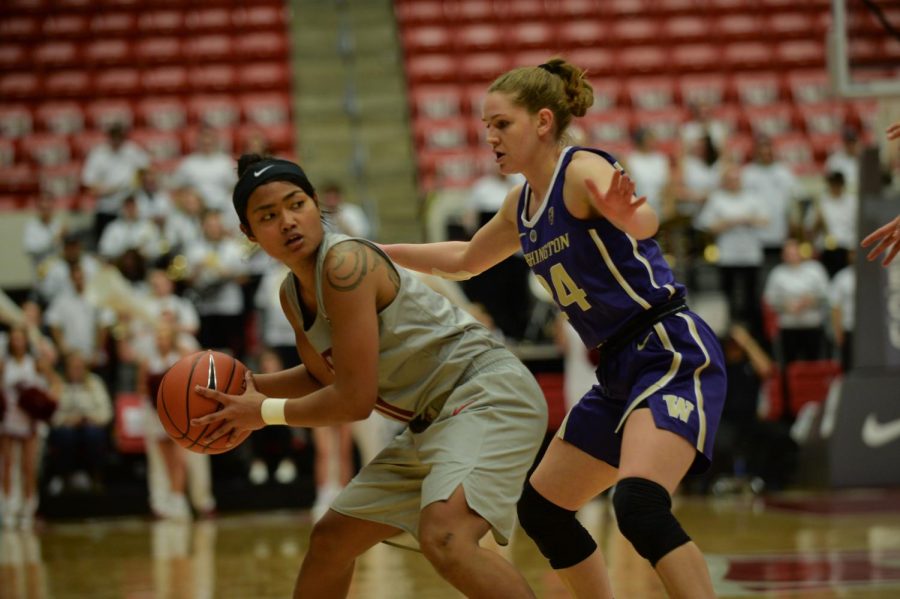 Junior guard Chanelle Molina shields the ball from a UW defender during a game Feb. 15 at Beasley Coliseum. 