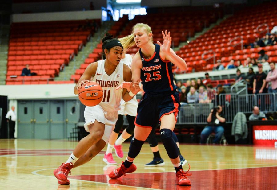 Junior guard Chanelle Molina dribbles past Arizona freshman forward Cate Reese on Feb. 9 at Beasley Coliseum. The game resulted in a 90-88 win for the Cougars.