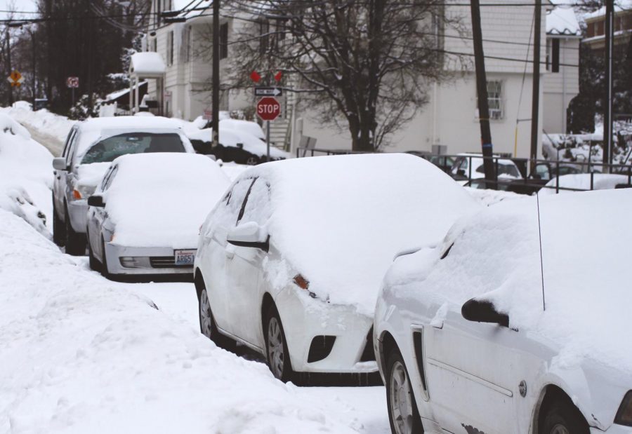 Snow covers vehicles parked along Greek Row in January 2017. Theresa Myers, co-owner of Myers Rebuild and Towing, cautions drivers to get the right tires and stay indoors unless they absolutely have to leave. 