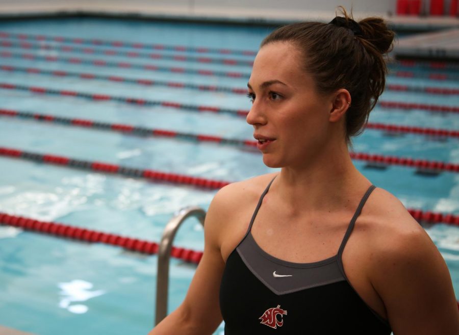 Senior+breaststroke+swimmer+Linnea+Lindberg+speaks+about+her+career+at+WSU+and+what+first+drew+her+to+the+university+at+Gibb+Pool+on+Wednesday+afternoon.+Lindberg+is+the+only+senior+on+the+team%2C++joined+by+six+new+freshmen.+
