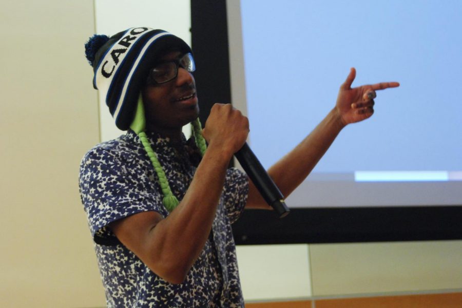 Hip hop artist Jamie of James Hope raps an emotional piece on authenticity, identity and mental health in hip-hop culture Thursday evening in the CUB Senior Ballroom. 