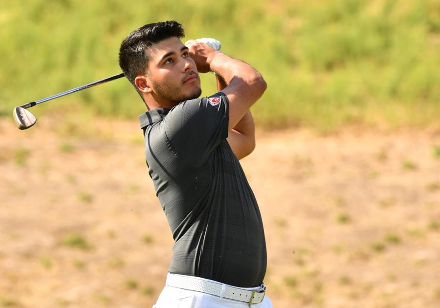 Junior+Daniel+Kolar+holds+his+follow+through+as+he+watches+his+ball+land.+Kolar+finished+in+eighth+place+in+the+UC+Irvine+Invitational+on+Feb.+11+and+the+team+placed+fourth+as+a+whole.