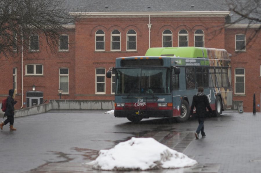 An electric-hybrid bus parked March 7, 2017 on the mall. The Regional Mobility Grant would allow Pullman Transit to purchase three fully-electric buses by 2021.