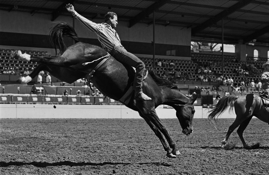 Blake Little’s photographs, including “Bareback Bronc Riding,” pictured above, are being shown in the exhibit at the University of Idaho library through April 30. Little’s black and white portraits feature LGBTQ riders on the rodeo circuit. 