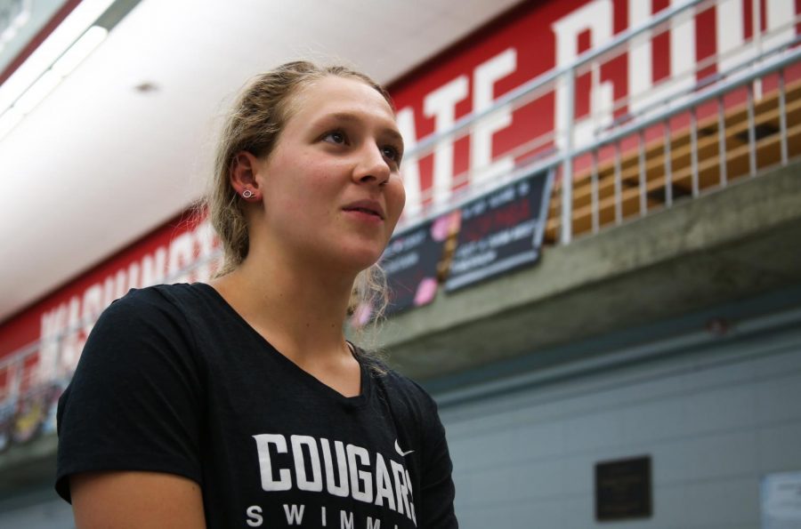 Junior freestyle swimmer Ryan Falk describes how she is a creature of habit and does not change these habits pre-meet, Feb. 5 afternoon at Gibb Pool. I came up on a tour up here and absolutely fell in love, she said.