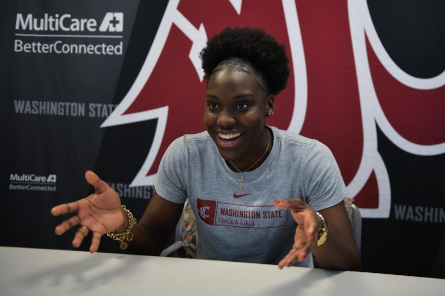 Describing her path to WSU, freshman hurdler and jumper Charisma Taylor explains how her parents encouraged her to continue with track and field as they recognized her ability at a young age, Tuesday afternoon in Bohler Gym.