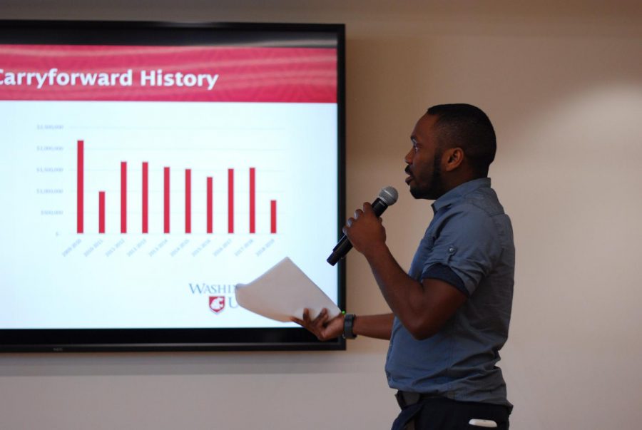 GPSA President Amir Gilmore explains how students money is used on campus and answers questions from the crowd during the WSU Student Affairs S&A Town Hall on Thursday at the Chinook.