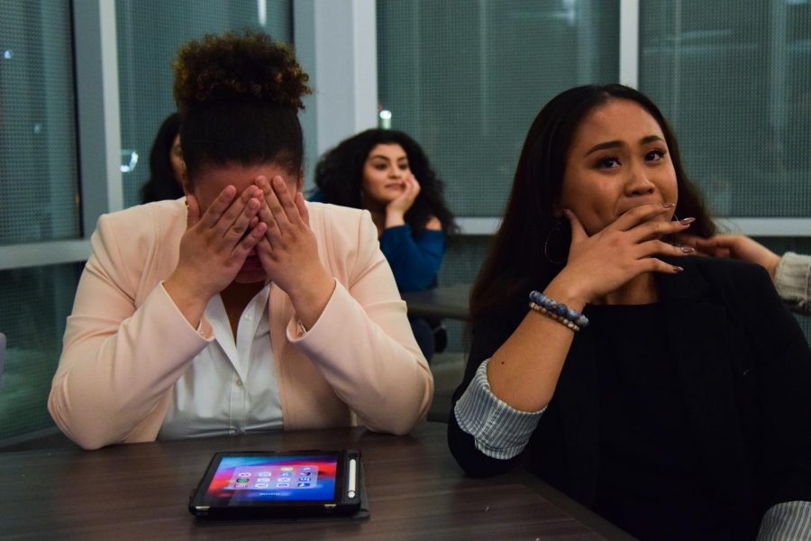 Candidates Mariela Frias-Gomez and Camille Naputo react to election results on Wednesday in the Northside commons. 