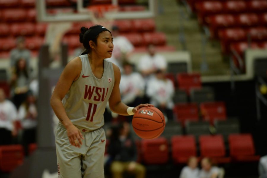 Junior guard Chanelle Molina dribbles the ball during the game against Stanford on March 1 at Beasley Coliseum. WSU lost the game 67-42.