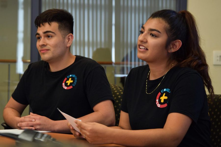 Tony Verdusco, left, a senior representing CougPrints+ , and senior Francis Muniz-Naba ask for funding for CougPrints during the student technology fees hearing on Wednesday in the Smith Center.