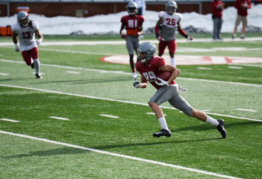 Redshirt freshman wide receiver Mitchell Quinn races downfield during spring practice on Tuesday afternoon at Martin Stadium.
