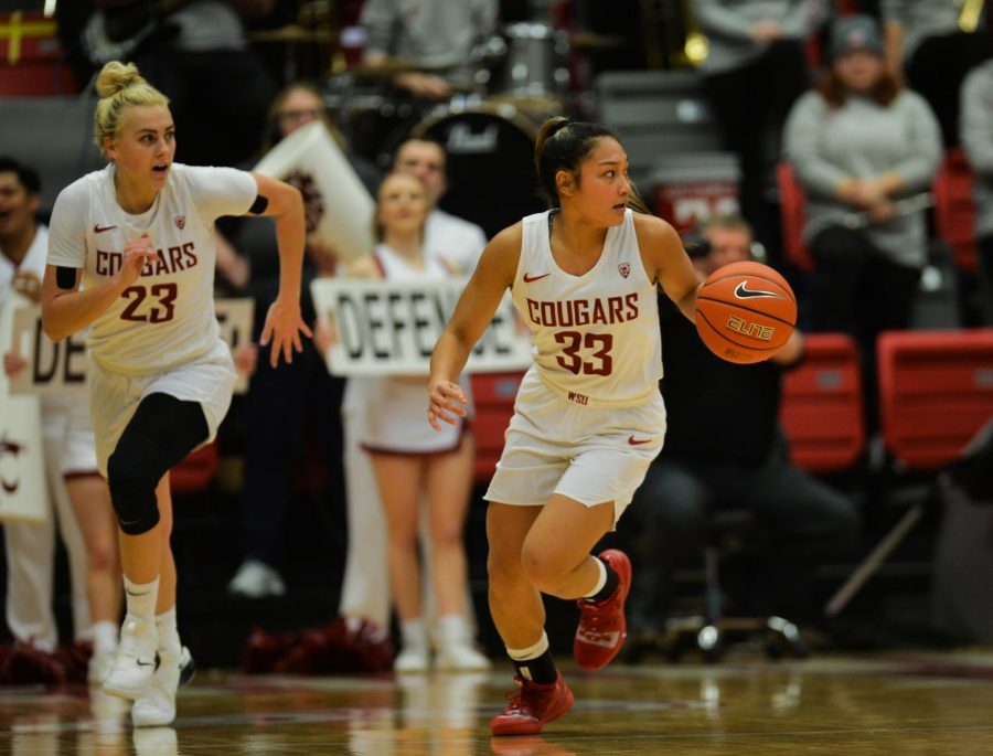 Freshman guard Cherilyn Molina, right, dribbles up the court on a break away with senior guard Alexys Swedlund during the Cougars loss to Cal on Sunday afternoon in Beasley Coliseum.