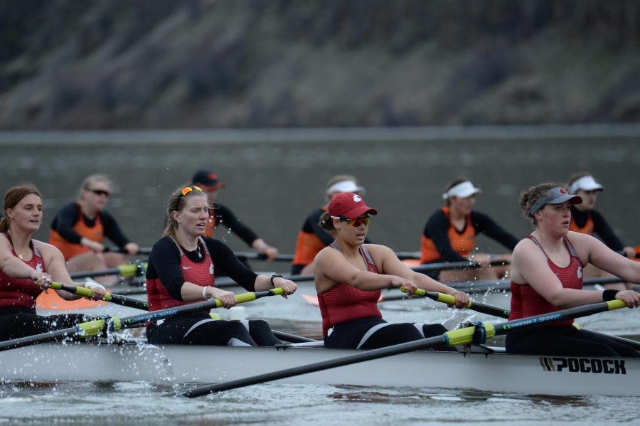 WSU rowing’s second varsity eight races on Mar. 24 at Wawawai Landing. The Cougars finished third with a time of 7:00.2.