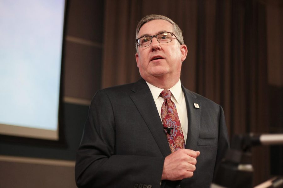 WSU President Kirk Schulz speaking during the faculty senate meeting at the Food Science and Human Nutrition building in 2019.