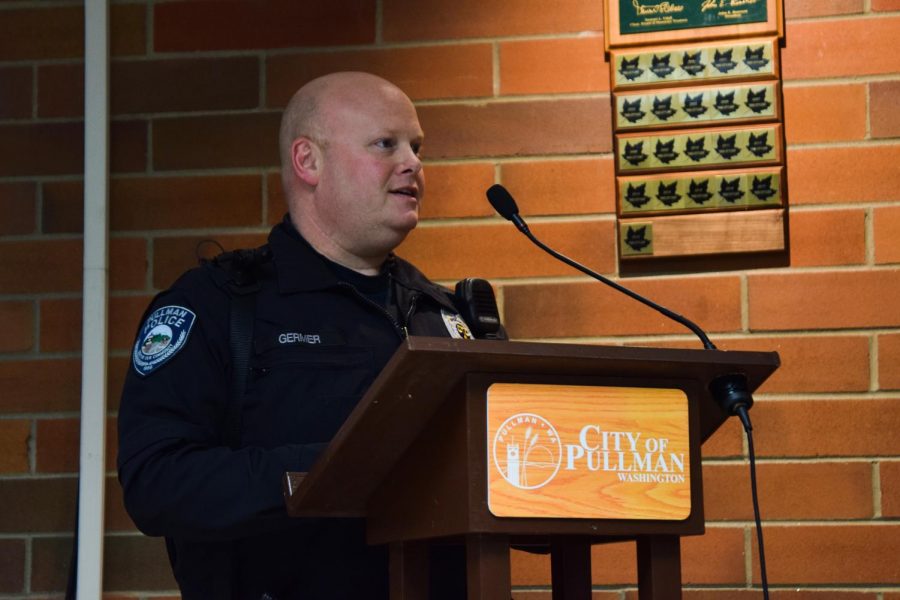 Police Officer Brock Germer discusses the Regional Drug Task Force and the officers going undercover as drug buyers to get information Monday in the Pullman City Hall.