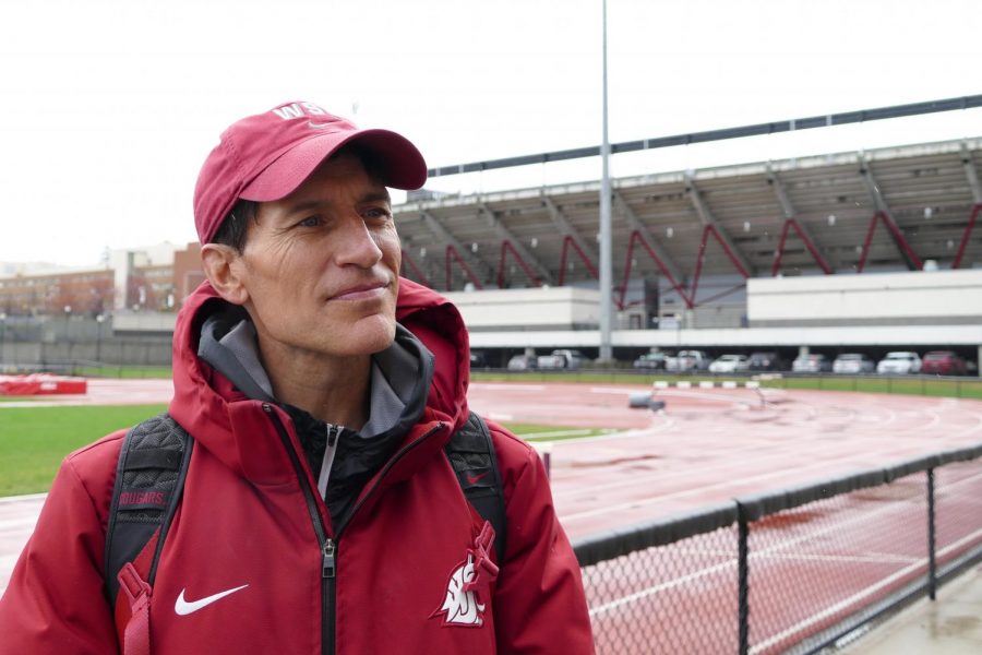 WSU+Track+and+Field+Director+Wayne+Phipps+talks+about+the+team%E2%80%99s+strengths+and+challenges+looking+forward+on+Tuesday+morning+at+the+WSU+Mooberry+Fields.+Most+of+the+athletes+attending+the+invite+are+throwers.