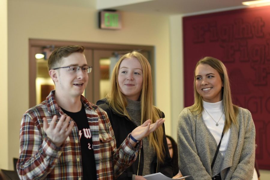 Director of Communication Brandon Crawford, left, Rachel Ring deputy director of communication, center, and deputy director of communications
Skylar Schmidt give a report about their work to the ASWSU Senate on Wednesday night at the CUB.