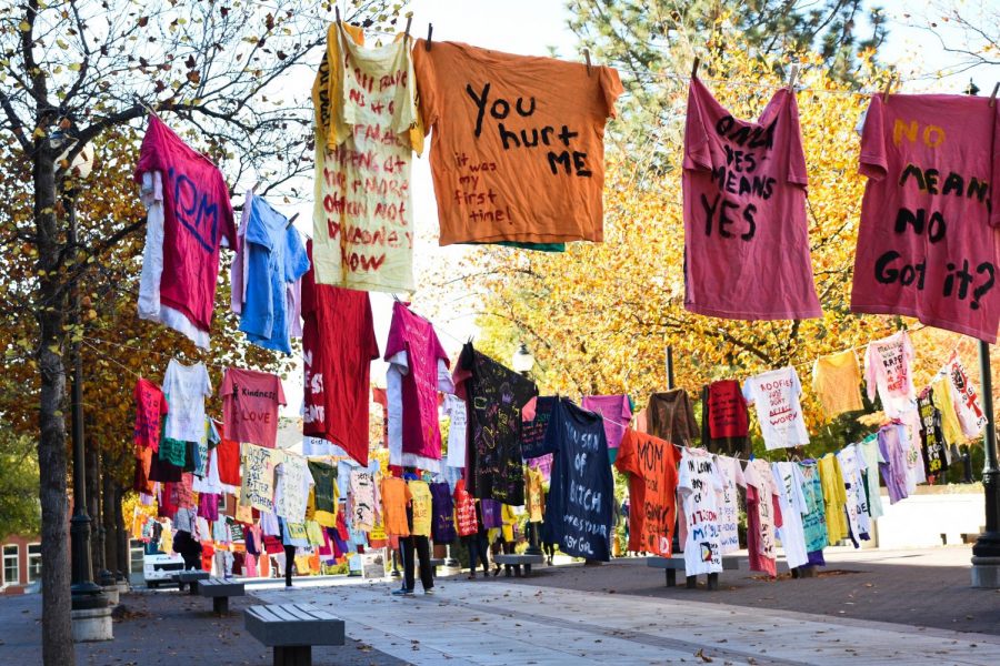 Shirts+are+hung+by+the+YWCA+Coalition+for+Women+Students+as+a+part+of+its+Clothesline+Project+Oct.+15+2018+on+the+Glenn+Terrell+Friendship+Mall.+