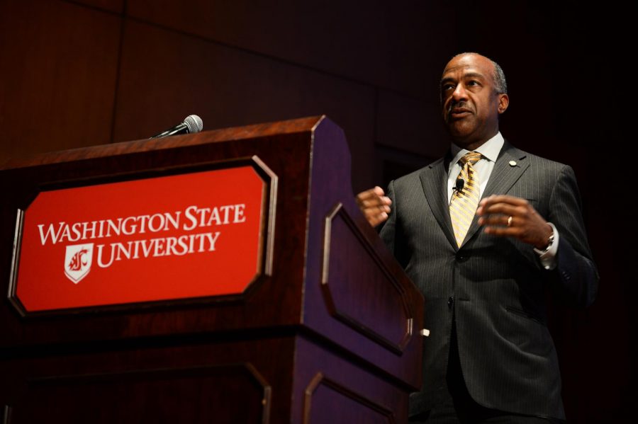 University of California Davis’ Chancellor Gary May discusses supporting minority students in STEM fields Wednesday in the CUB auditorium. May says he experienced racism during his time in college and hopes society gets to a point where race is not a factor.